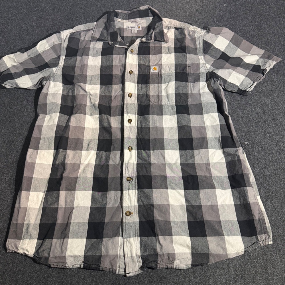 Carhartt Mens XL Tall Relaxed Fit Short Sleeve Plaid Button Up Shirt Gray White